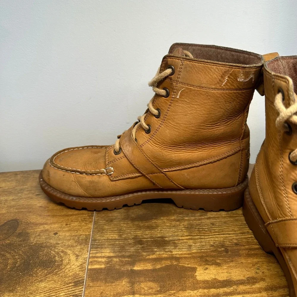 Polo Ralph Lauren Ranger Boots Tan Leather Polo Bear Moc Toe Buckle - Picture 7 of 13